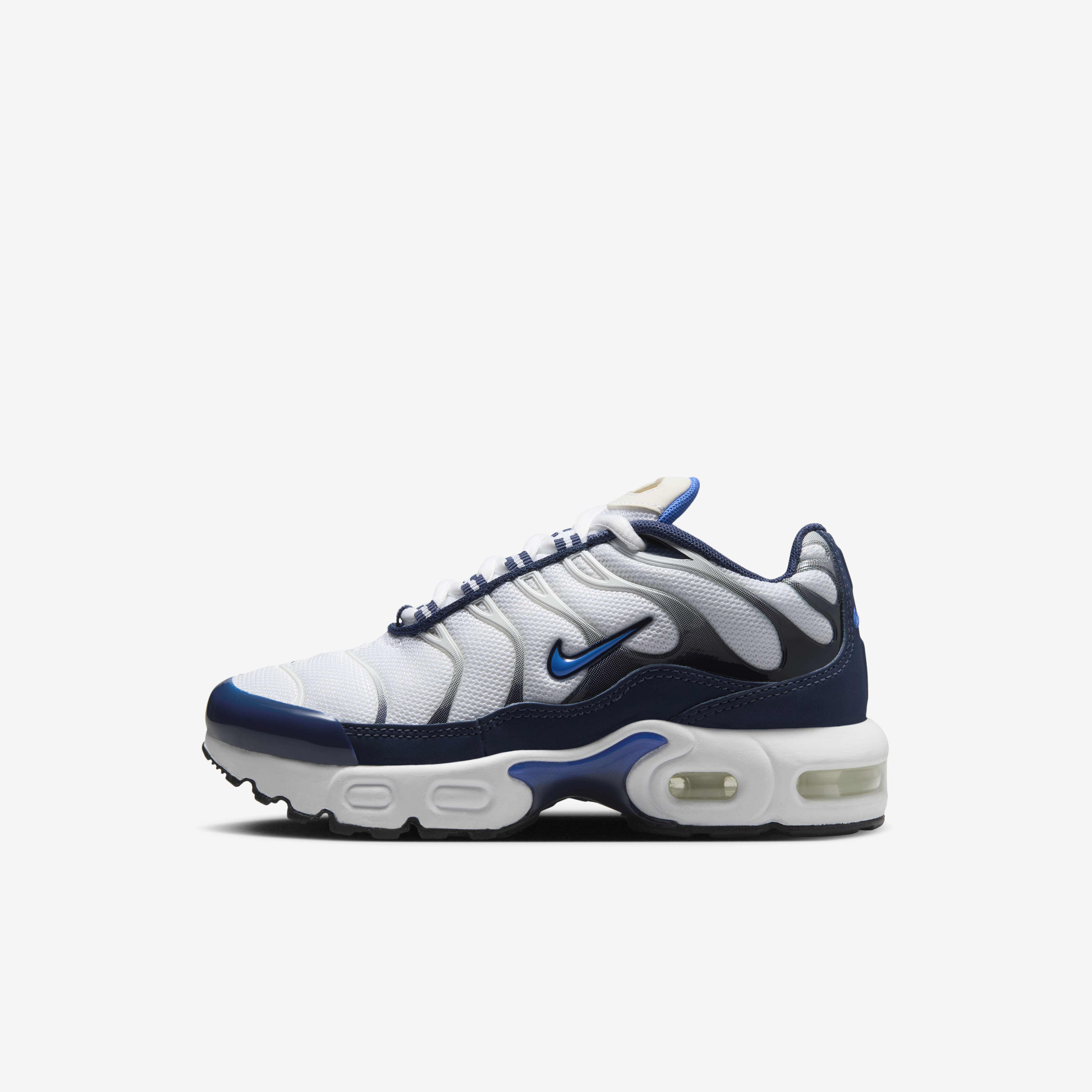Buy Nike Air Max Plus Younger Kids Shoes White Midnight Navy Bronzine Hyper Royal Nike Kuwait Official