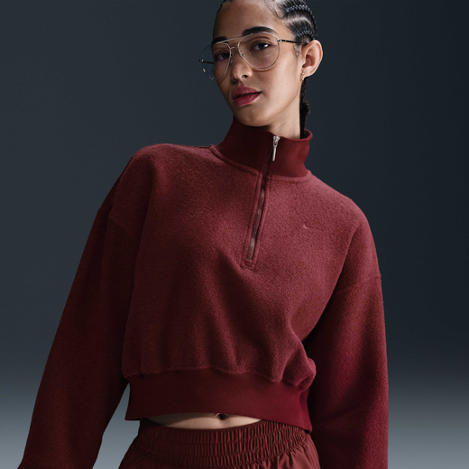 تخفيضات هودي وسويت شيرت نسائية-نايكي, نايكي سبورتسوير فينكس بلش, سويتشيرت فليس واسع وقصير بربع سحاب للنساء