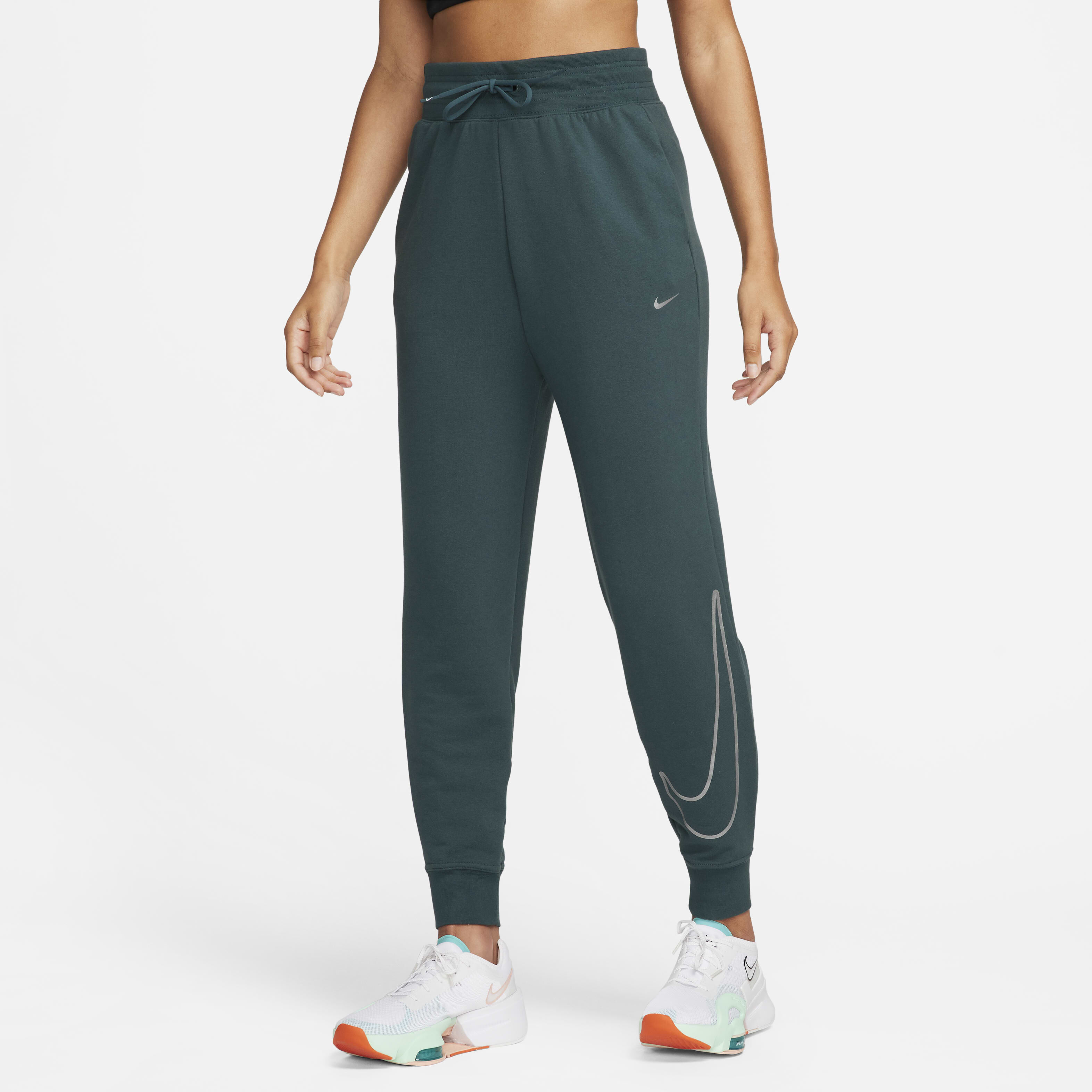 Buy Nike Dri FIT One Women s High Waisted 7 8 French Terry Graphic Trousers Deep Jungle Metallic Silver Nike Kuwait Official