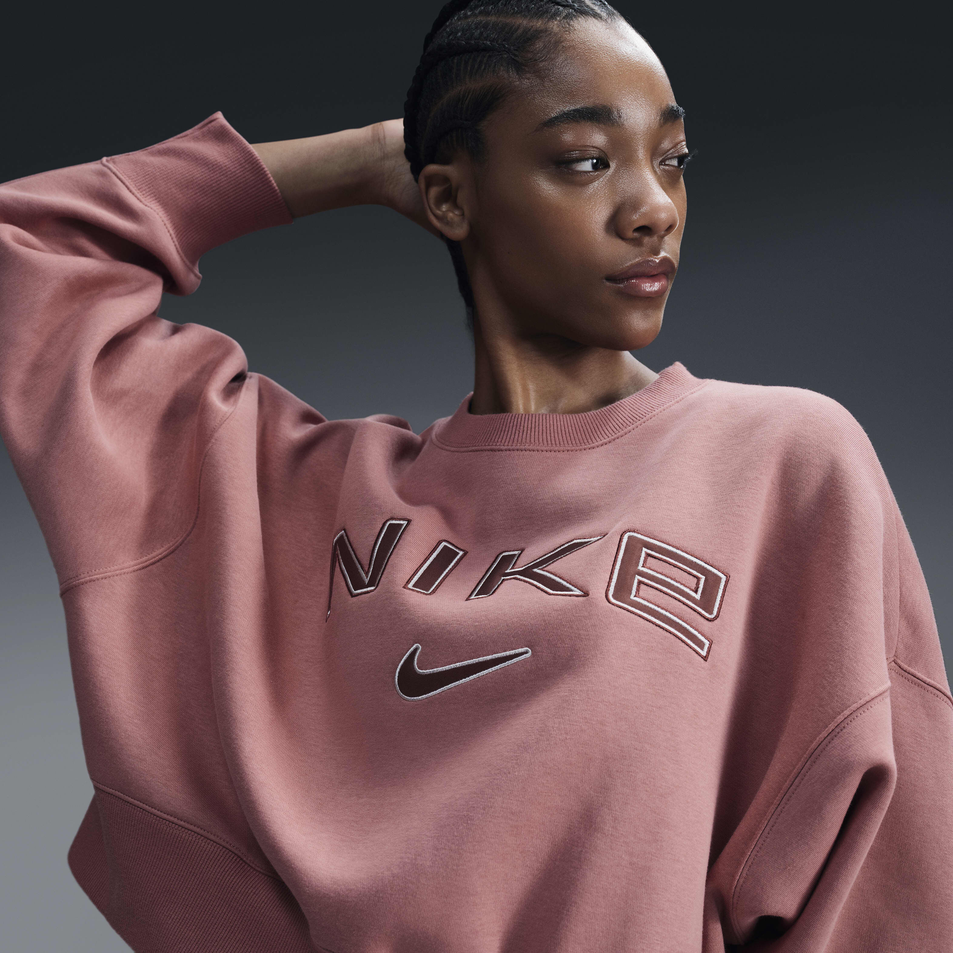 Buy Nike Sportswear Phoenix Fleece Women s Over Oversized Crew Neck Logo Sweatshirt Canyon Pink Light Orewood Brown Red Sepia Nike Kuwait Official