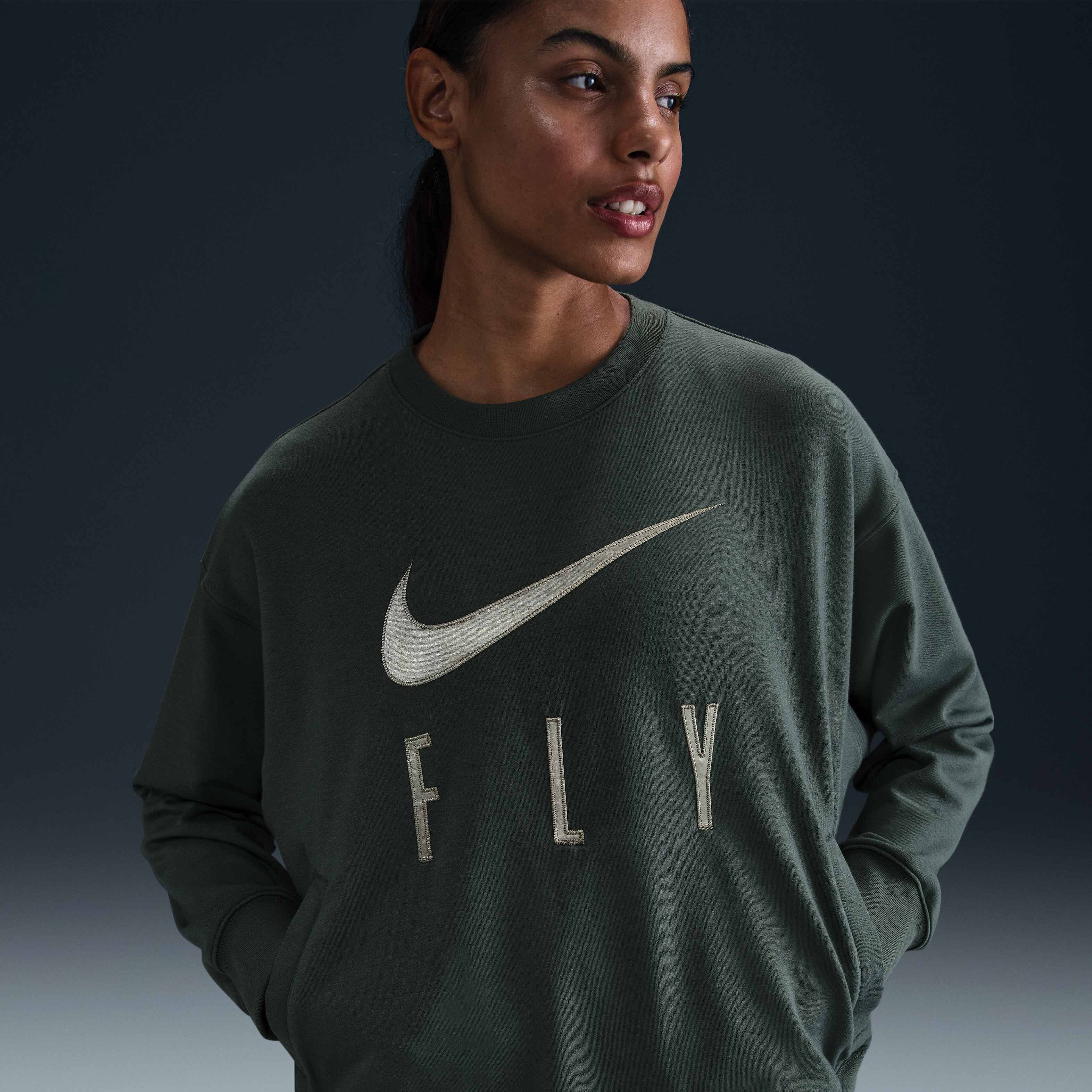 Buy Nike Swoosh Fly Women s Dri FIT French Terry Crew Neck Basketball Sweatshirt Vintage Green Jade Horizon White Nike Kuwait Official