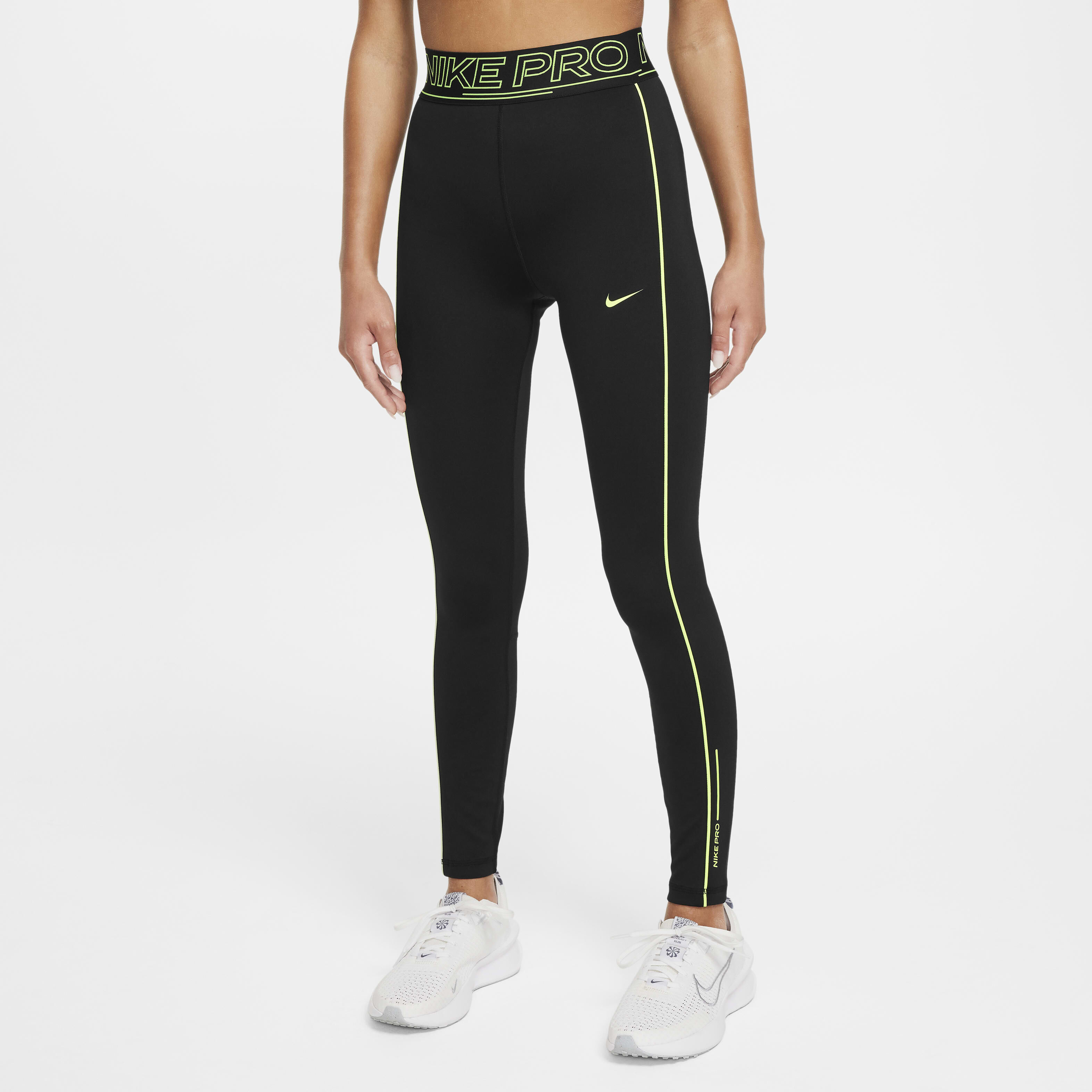 Buy Nike Pro Girls Dri FIT Mid Rise Leggings Black Volt Volt Nike Kuwait Official