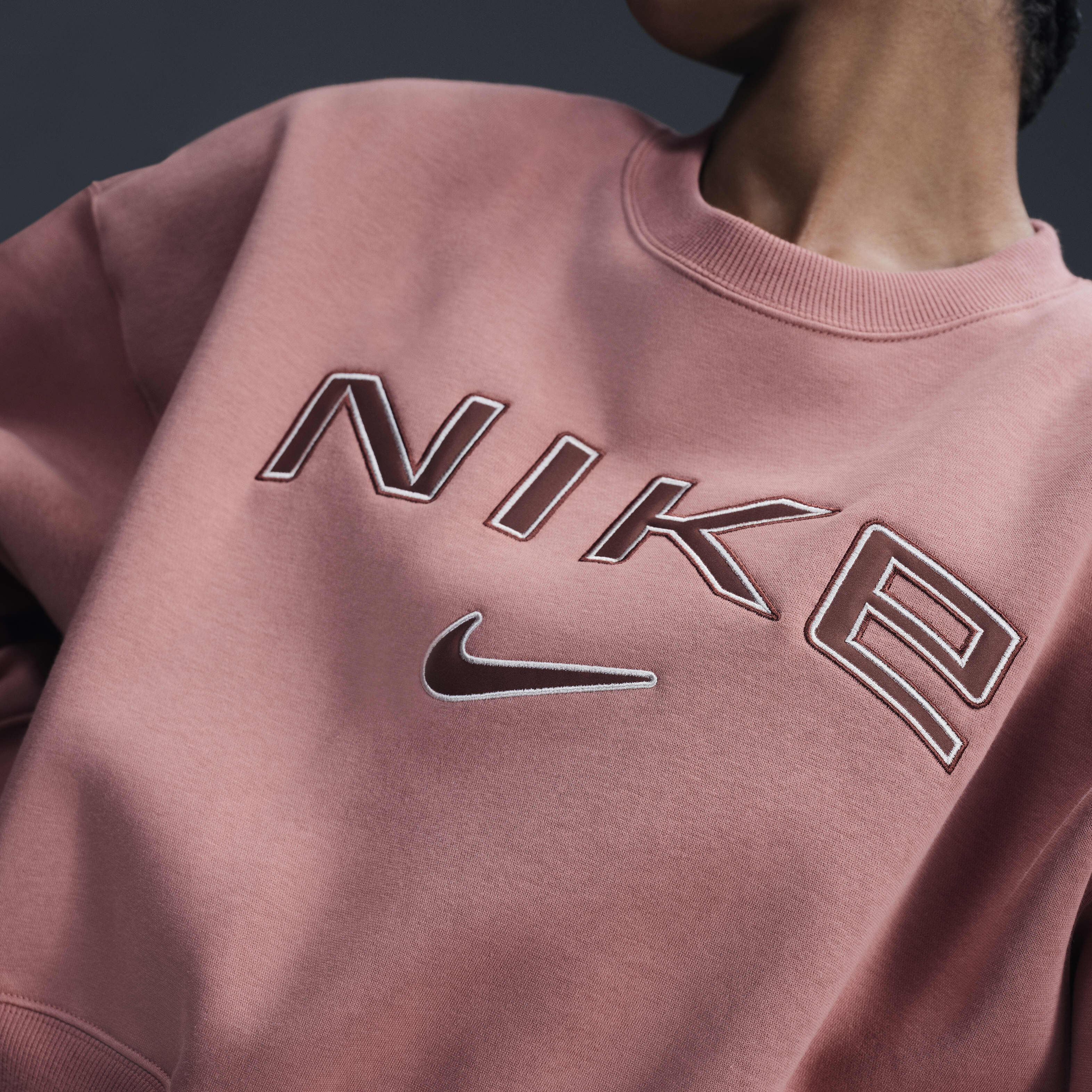 Buy Nike Sportswear Phoenix Fleece Women s Over Oversized Crew Neck Logo Sweatshirt Canyon Pink Light Orewood Brown Red Sepia Nike Kuwait Official