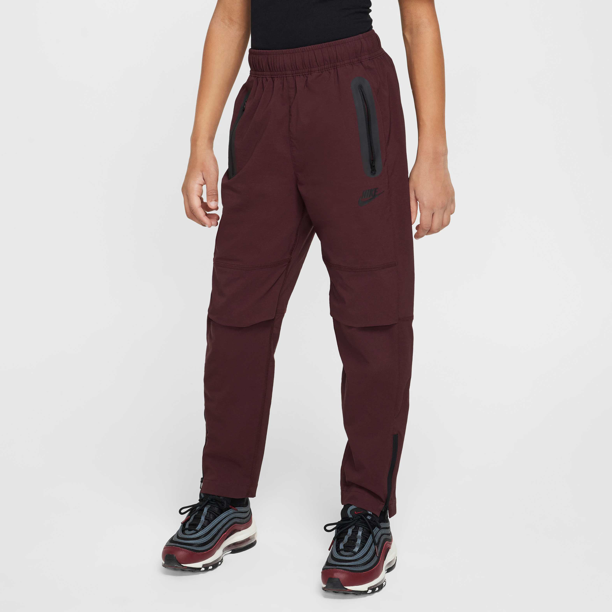 ★★Nike★★ Tech Woven Open Hem Pants M Burgundy Crush Blac Buy Nike Tech Older Kids' (Boys') Woven Trousers - Burgundy
