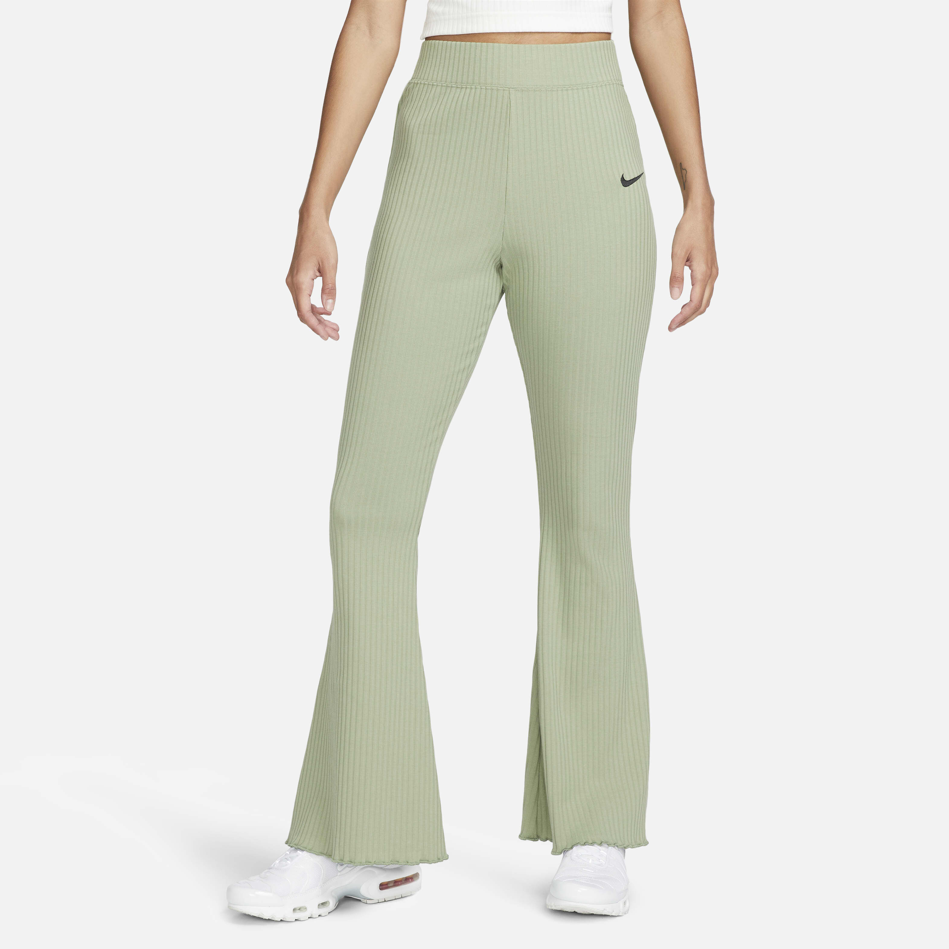 Buy Nike Sportswear Women s High Waisted Ribbed Jersey Flared Trousers Oil Green Black Nike Kuwait Official