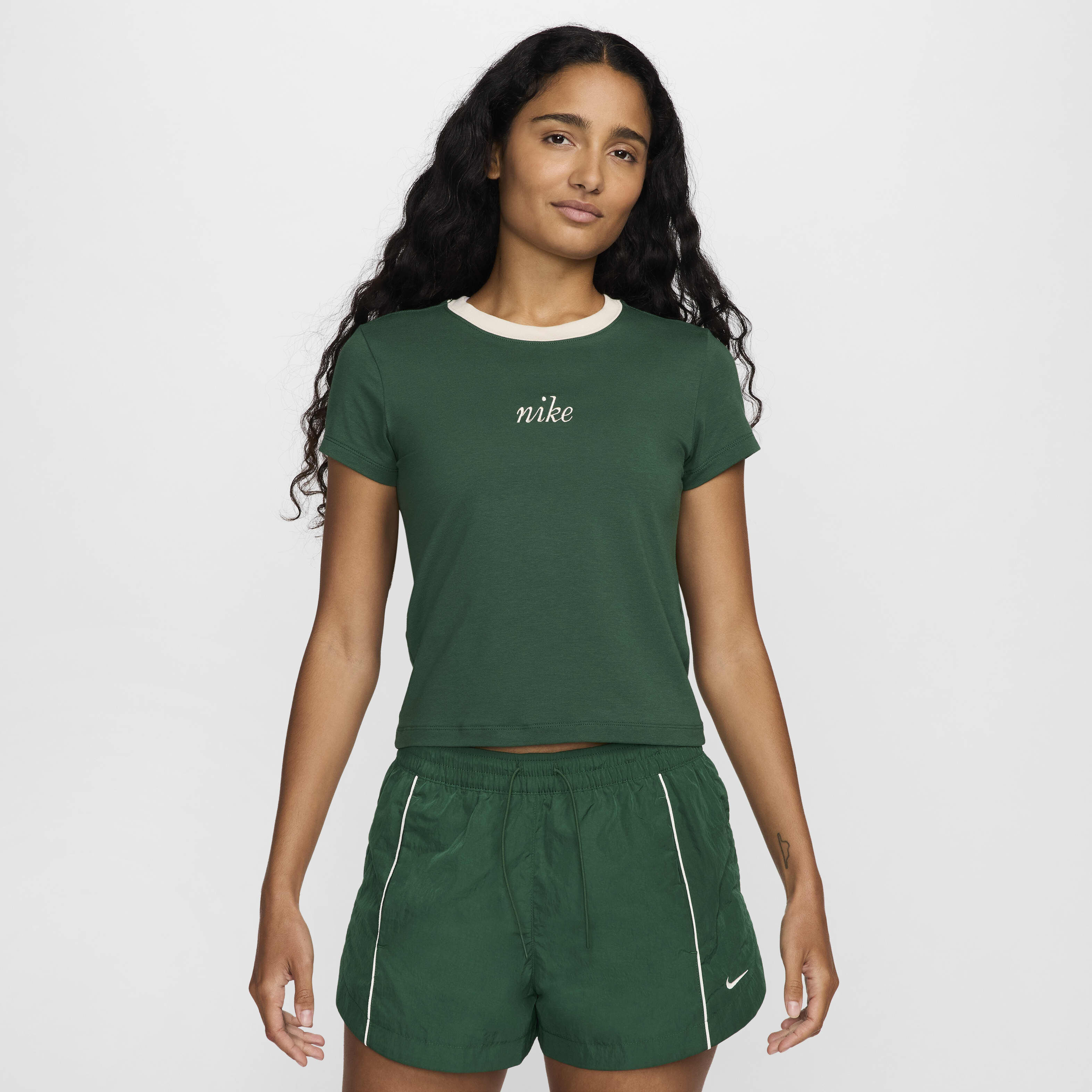 Buy Nike Sportswear Chill Knit Women s Slim Cropped T Shirt Gorge Green Light Orewood Brown Nike Kuwait Official