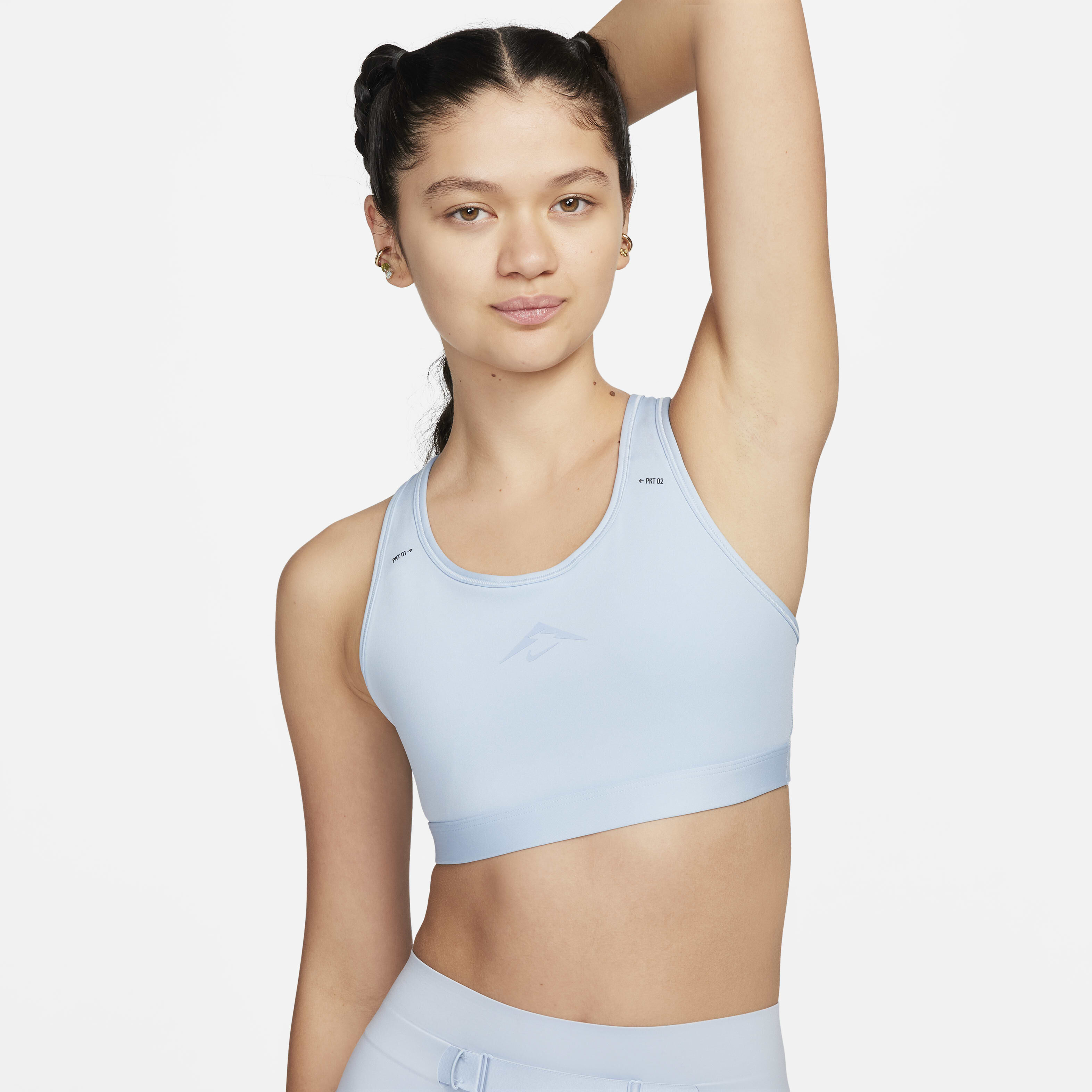 Buy Nike Trail Swoosh On the Run Women s Medium Support Lightly Lined Sports Bra Light Armoury Blue Light Armoury Blue Ashen Slate Nike Kuwait Official