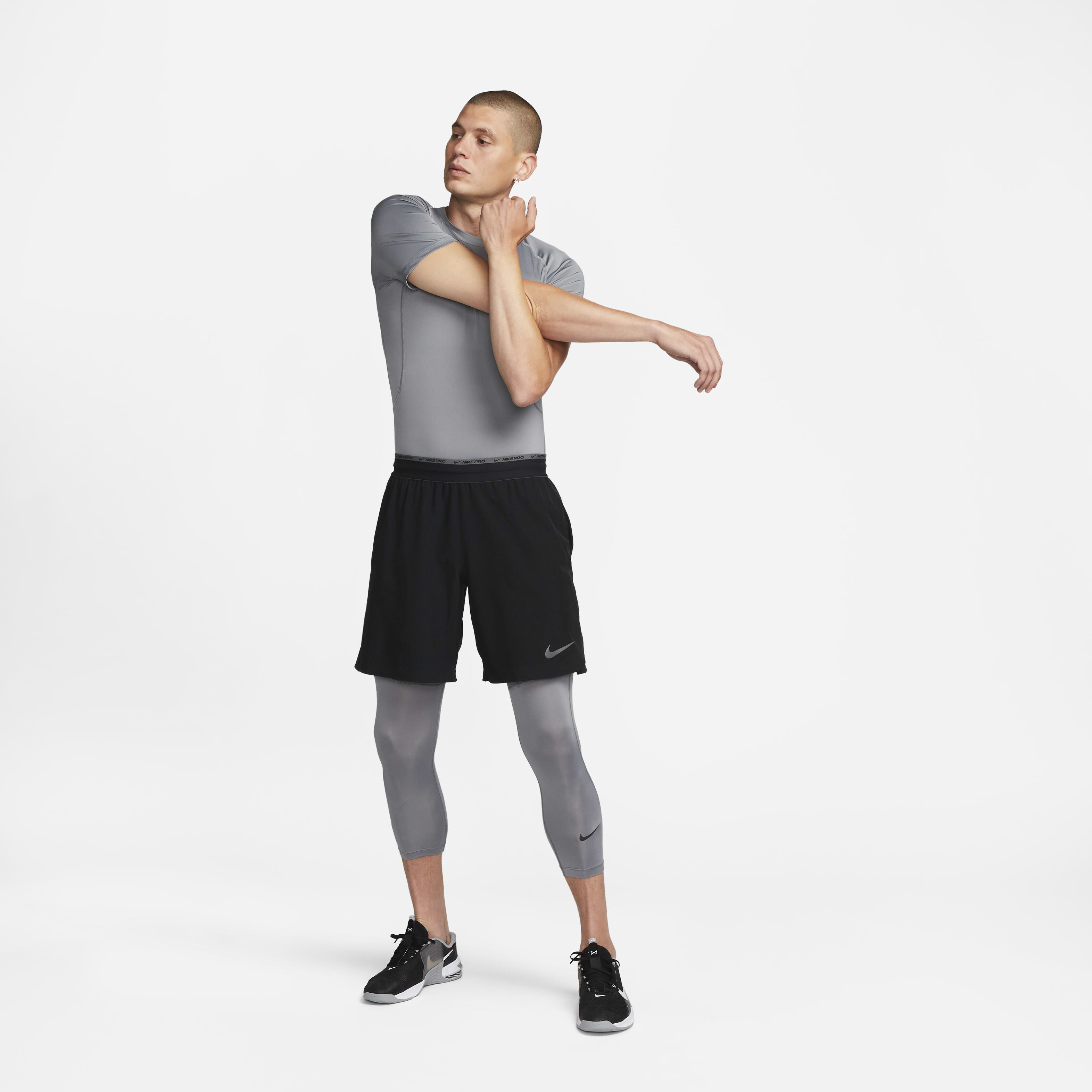 Buy Nike Pro Men s Dri FIT Tight Short Sleeve Fitness Top Smoke Grey Black Nike Kuwait Official