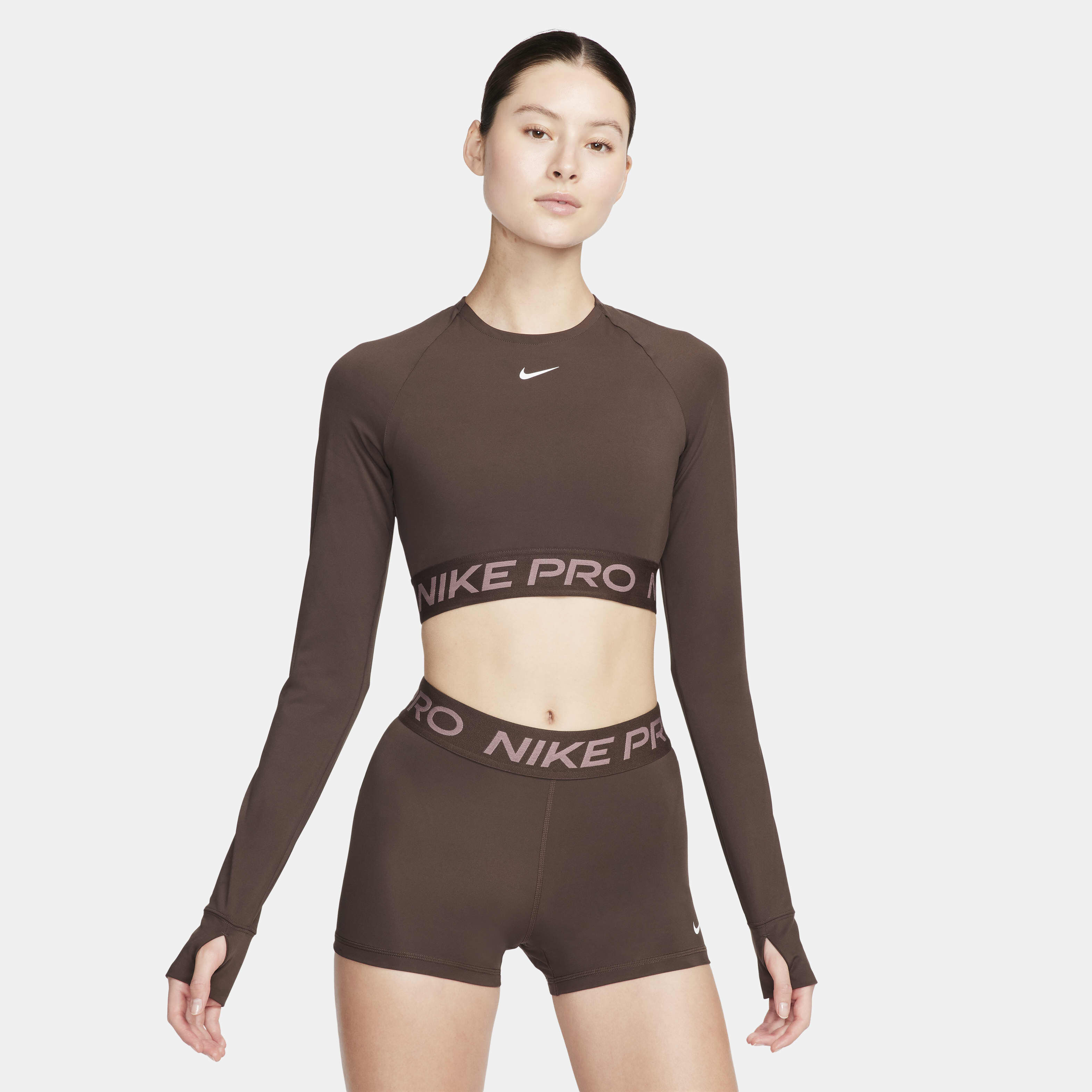 nike crop top and shorts set brown