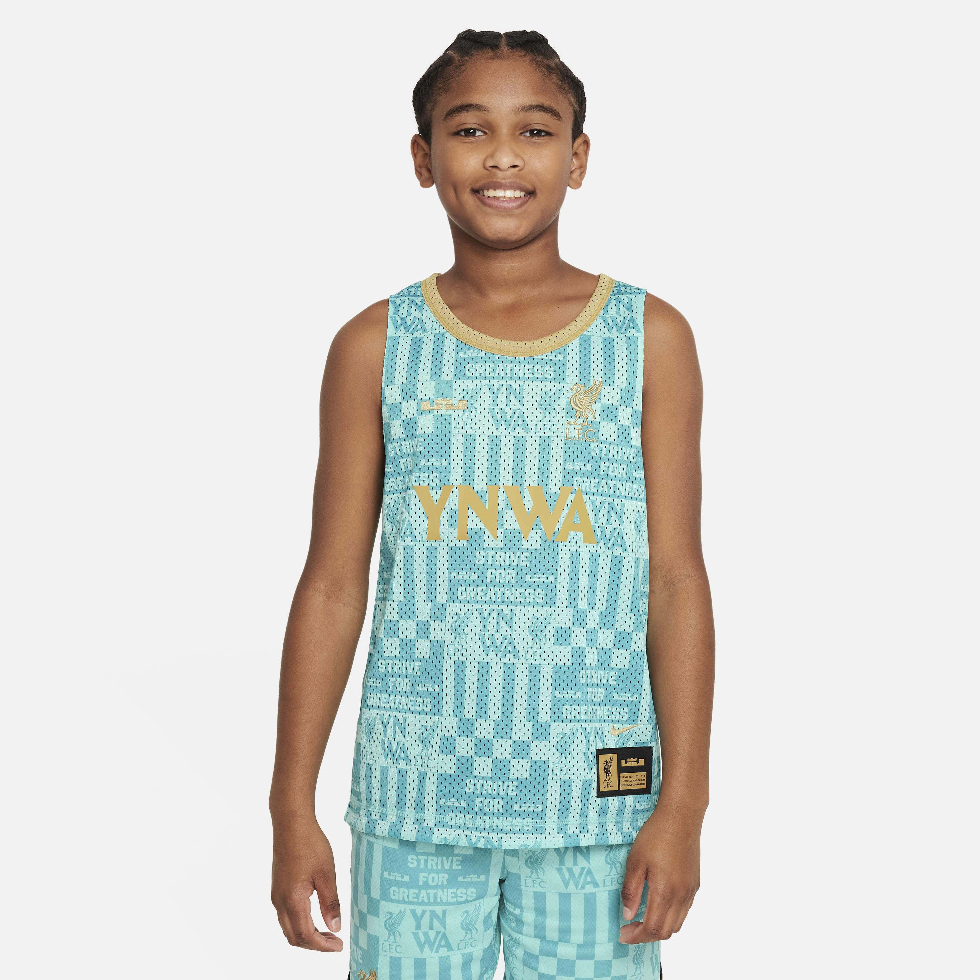 Buy LeBron x Liverpool F.C. Culture of Basketball Older Kids Nike Reversible Football Shirt Tropical Twist Black Washed Teal Truly Gold Nike Kuwait Official
