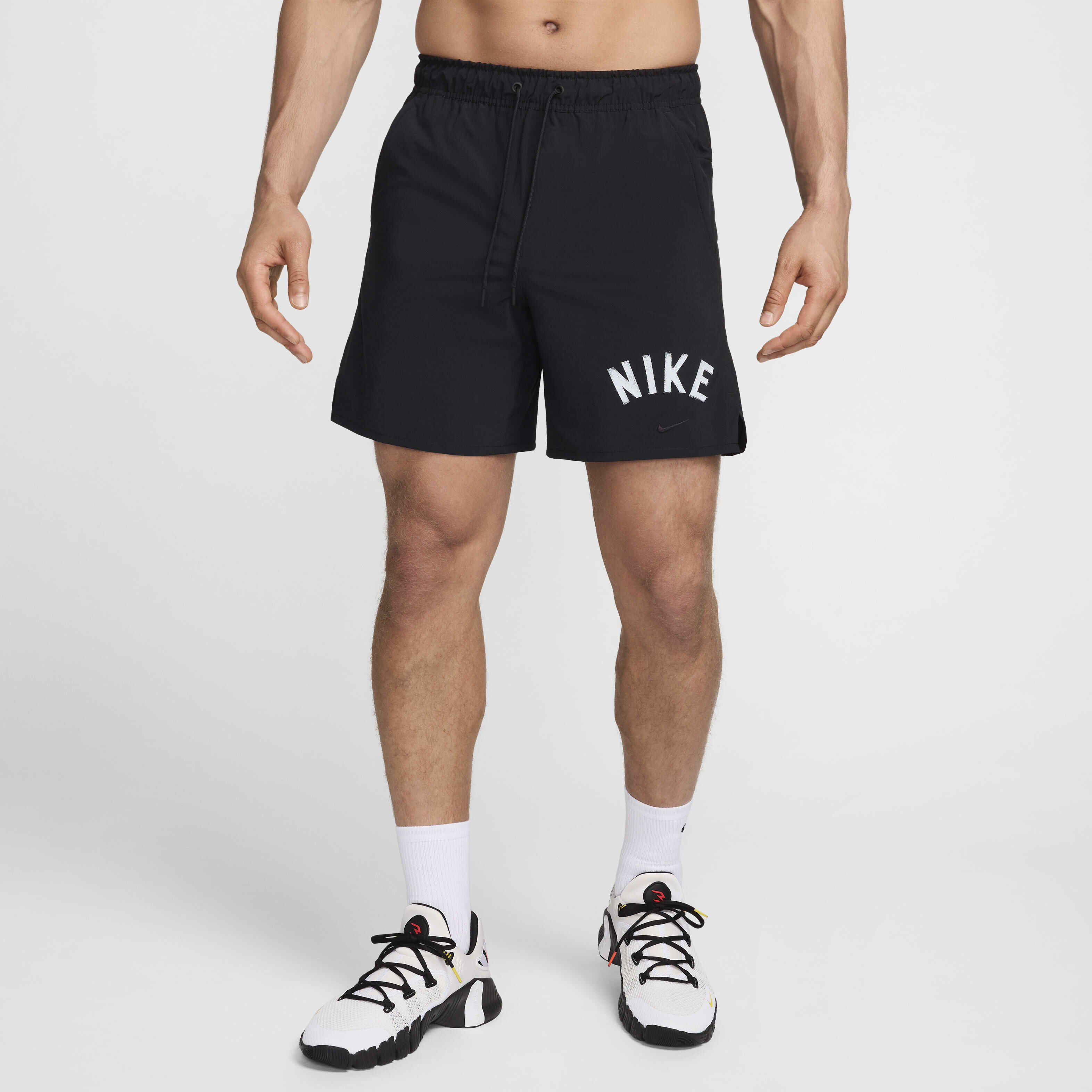 Buy Nike Unlimited Swoosh Men s 18cm approx. Dri FIT Unlined Versatile Shorts Black White Nike Kuwait Official